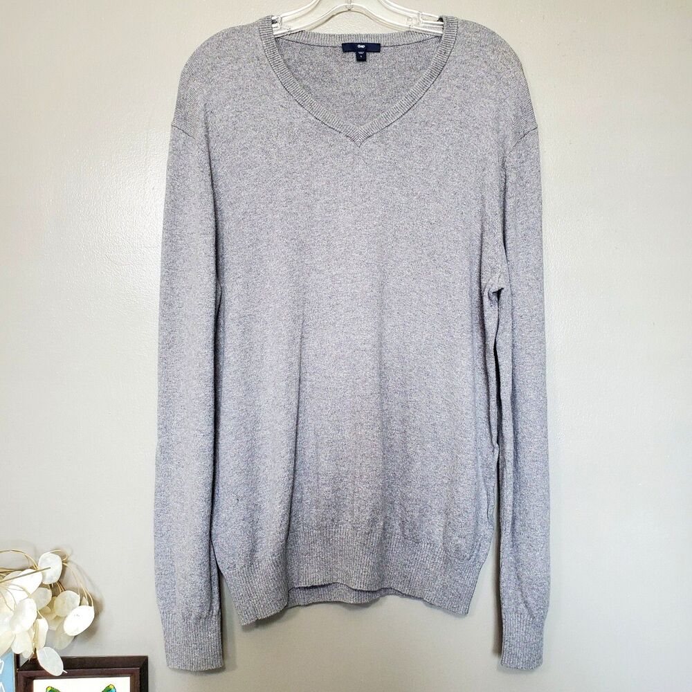 Gap Sweater Men's Large Cotton Cashmere V-Neck Long Sleeve Heather Gray Knit